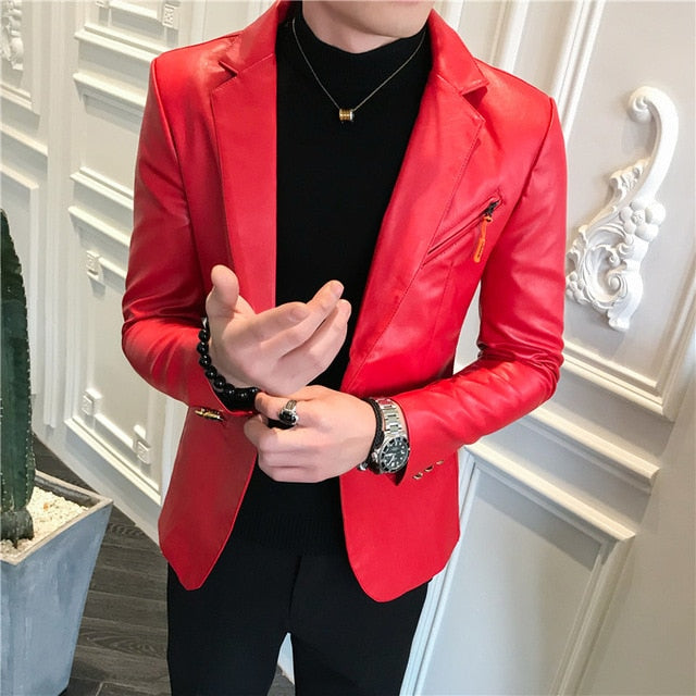 2019 New Autumn Faux Leather Suit Jacket Men Korean Trendy Slim Fit Coat White Red Black Fashion Streetwear Blazer Jackets Male