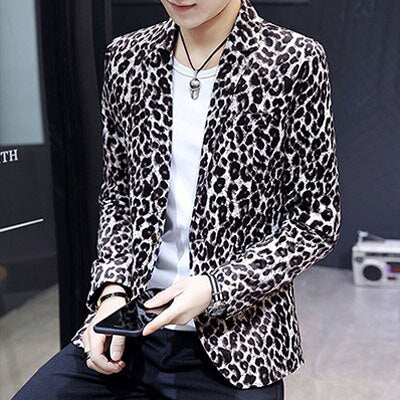 New Man Fashion Print Leopard Notched Collar Full Sleeve Smooth Soft Fabric Blazer Coat Male Spring Autumn Slim Outerwear 1122
