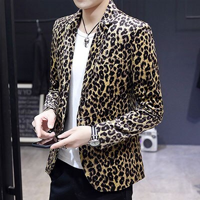 New Man Fashion Print Leopard Notched Collar Full Sleeve Smooth Soft Fabric Blazer Coat Male Spring Autumn Slim Outerwear 1122