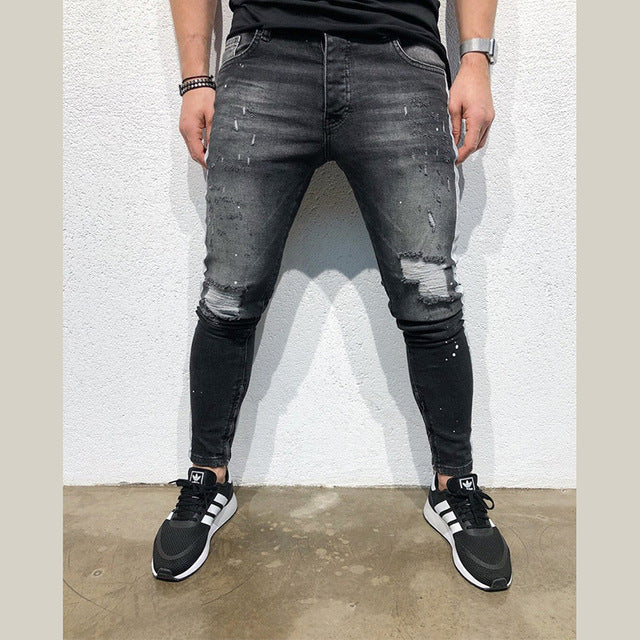 Men Denim Ripped Hole Jeans Slim Patchwork Jeans Hip Hop Skinny Pencil Jeans For Men clothes 2019 Stretch Skinny Jeans men