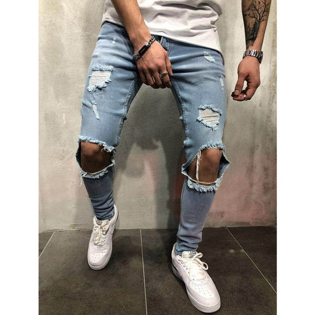 Men Denim Ripped Hole Jeans Slim Patchwork Jeans Hip Hop Skinny Pencil Jeans For Men clothes 2019 Stretch Skinny Jeans men