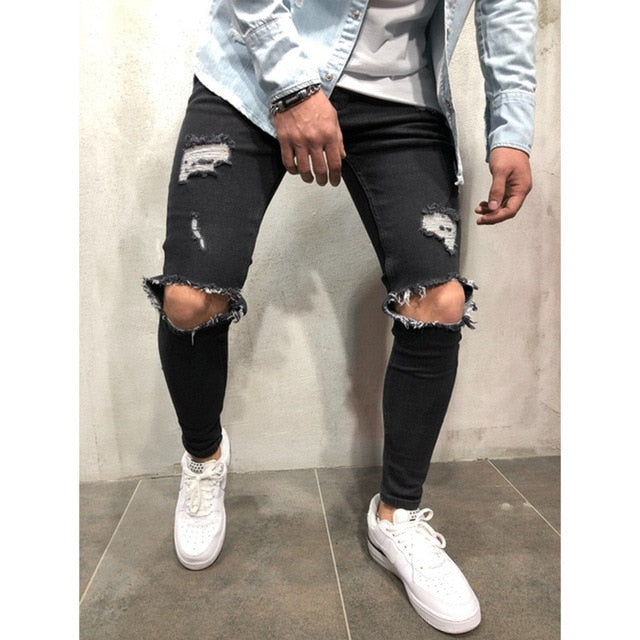 Men Denim Ripped Hole Jeans Slim Patchwork Jeans Hip Hop Skinny Pencil Jeans For Men clothes 2019 Stretch Skinny Jeans men