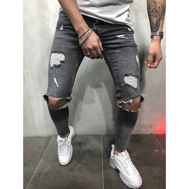 Men Denim Ripped Hole Jeans Slim Patchwork Jeans Hip Hop Skinny Pencil Jeans For Men clothes 2019 Stretch Skinny Jeans men