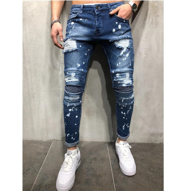 OLOME Hot Sales Men Ripped Jeans Biker Slim Straight Hip Hop Vintage Denim Trousers New Fashion Skinny Jeans 2019 Men Plus Size