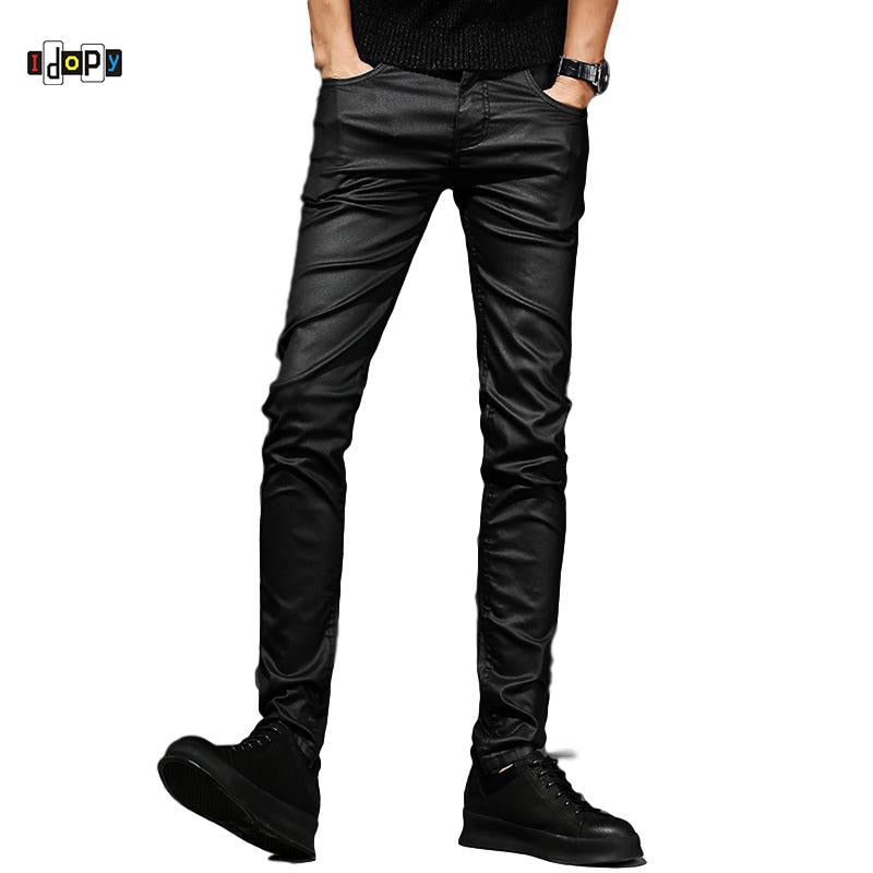 Idopy Men's Coated Jeans Waxed Black Punk Style Motorcycle Jeans Slim Fit Biker Denim Pants For Male