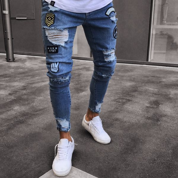 Men Denim Ripped Hole Jeans Slim Patchwork Jeans Hip Hop Skinny Pencil Jeans For Men clothes 2019 Stretch Skinny Jeans men