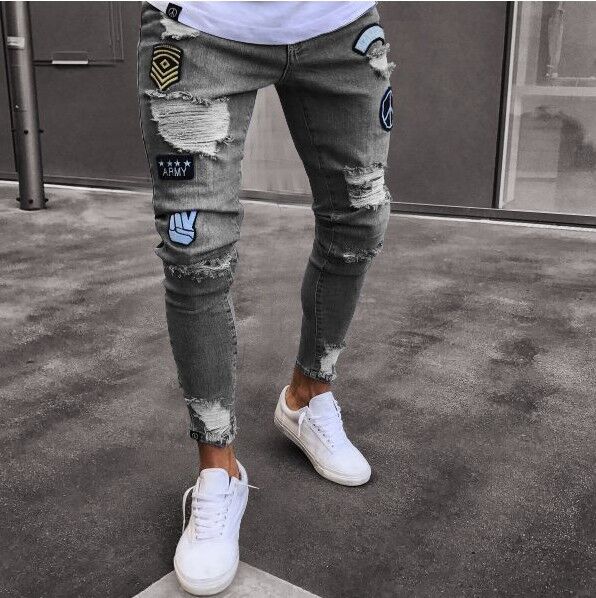 Men Denim Ripped Hole Jeans Slim Patchwork Jeans Hip Hop Skinny Pencil Jeans For Men clothes 2019 Stretch Skinny Jeans men