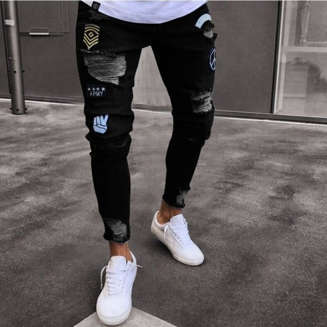 Men Denim Ripped Hole Jeans Slim Patchwork Jeans Hip Hop Skinny Pencil Jeans For Men clothes 2019 Stretch Skinny Jeans men