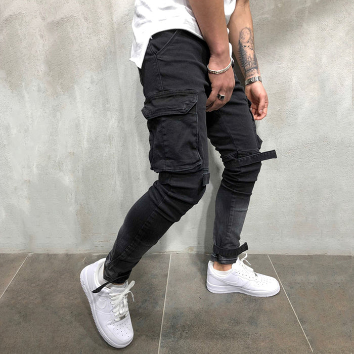 OLOME Brand New Men Multi-pocket Biker Jeans Male Slim Cargo Joggers Trousers for Mens Black Color Streetwear Swag Denim Pants