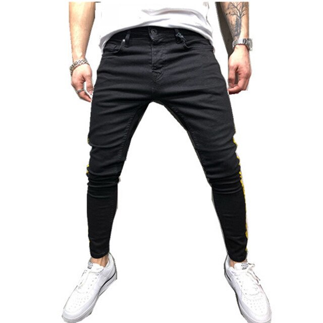 Mens Side Stripe Skinny Black Denim Jeans Hip Hop Streetwear Plus Size Slim Cotton Jeans Men Elasticity Skinny Jeans