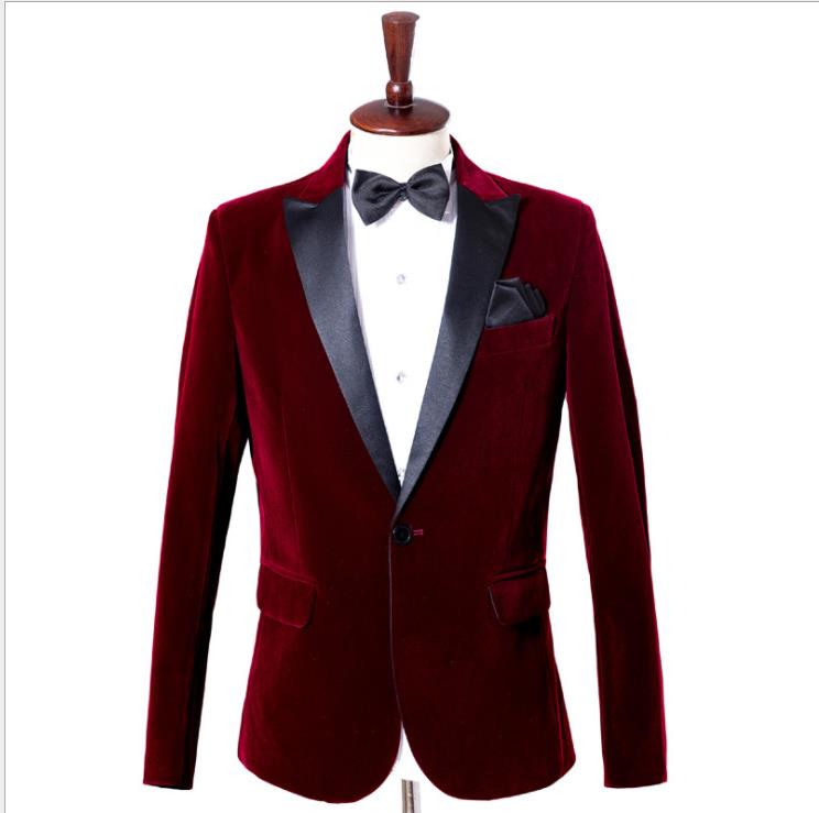 Men's Wear Velvet Alcohol Red Leisure Time Suit Loose Coat Real Wedding Groom Singer Real Repair