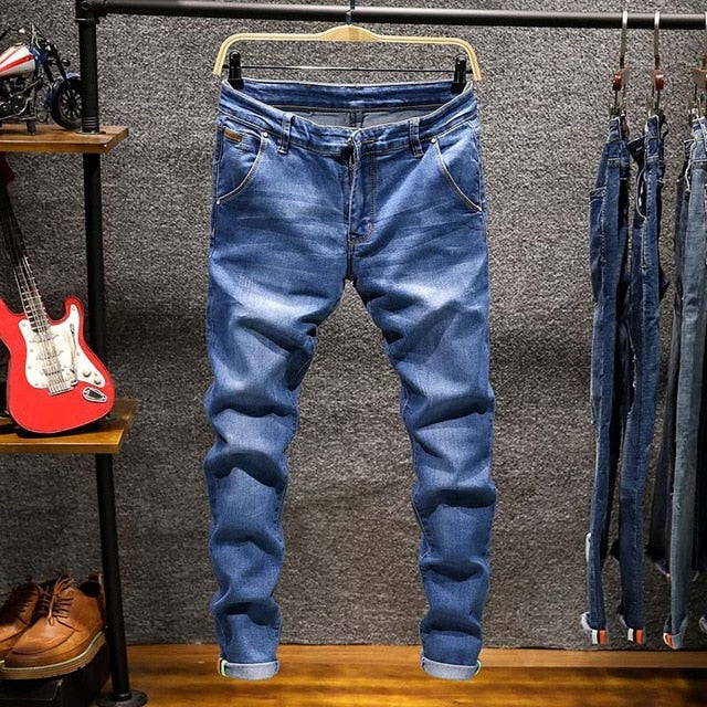 Spring Autumn  Men's Elastic Cotton Stretch Jeans Pants Loose Fit Denim Trousers Men's Brand Fashion Wear and washed jean pants