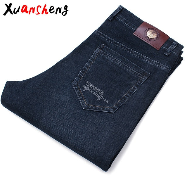 Xuansheng brand  men's jeans 2019 autumn and winter thick business work casual stretch slim jeans classic pants blue black jeans