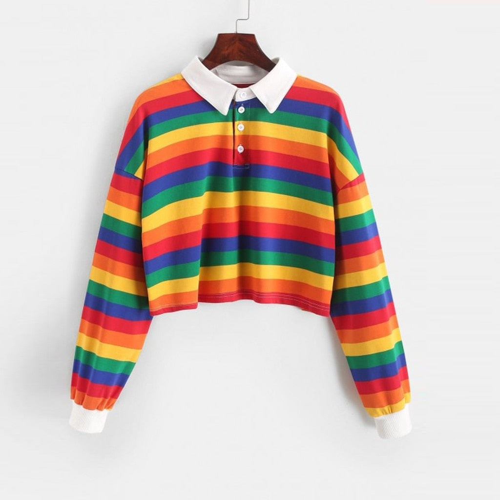 Hoodies Women Autumn 2019 rainbow Patchwork Button turndown Harajuku Streetwear Fashion Crop Top Hoodie Sweatshirts Women