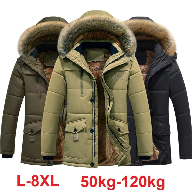 8XL Men’s Jacket Thicken Winter Plus Velvet Male Coat Hooded Solid Coat Men Thick  Warm Mens Windproof High Quality Parka,ZA289