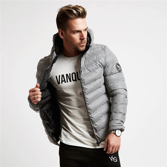 Winter Men's Hooded Parkas Full Zip Warm Cotton Sports Bomber Jackets Muscle Fit Fashionable Tide Casual Black Coat for Autumn