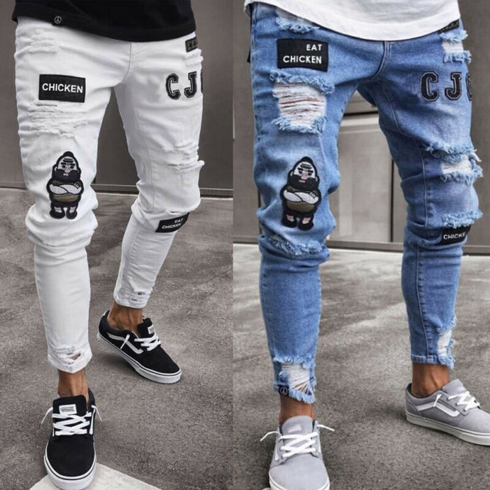 Men Pant Vintage Ripped Jeans Super Skinny Fit Zipper Denim Pant Destroyed Frayed Trousers Cartoon Gothic Style Pant Men Clothes