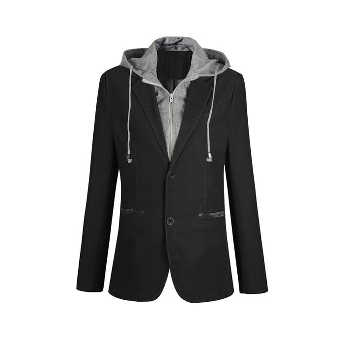 Plus Size M-6XL Casual Blazer Men Fake Two Pieces Detachable Hood Blazer Full Sleeve Single Breasted Two Buttons Suit FS-150