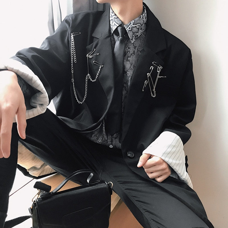 Men Pin Metal Chain Streetwear Hip Hop Punk Gothic Loose Black Blazer Coat Male Casual Suit Jacket Outerwear