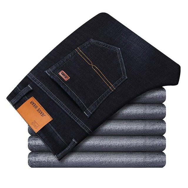 Winter Thermal Warm Flannel Stretch Jeans Mens Winter Quality Famous Brand Fleece Pants Men Straight Flocking Trousers Jean Male