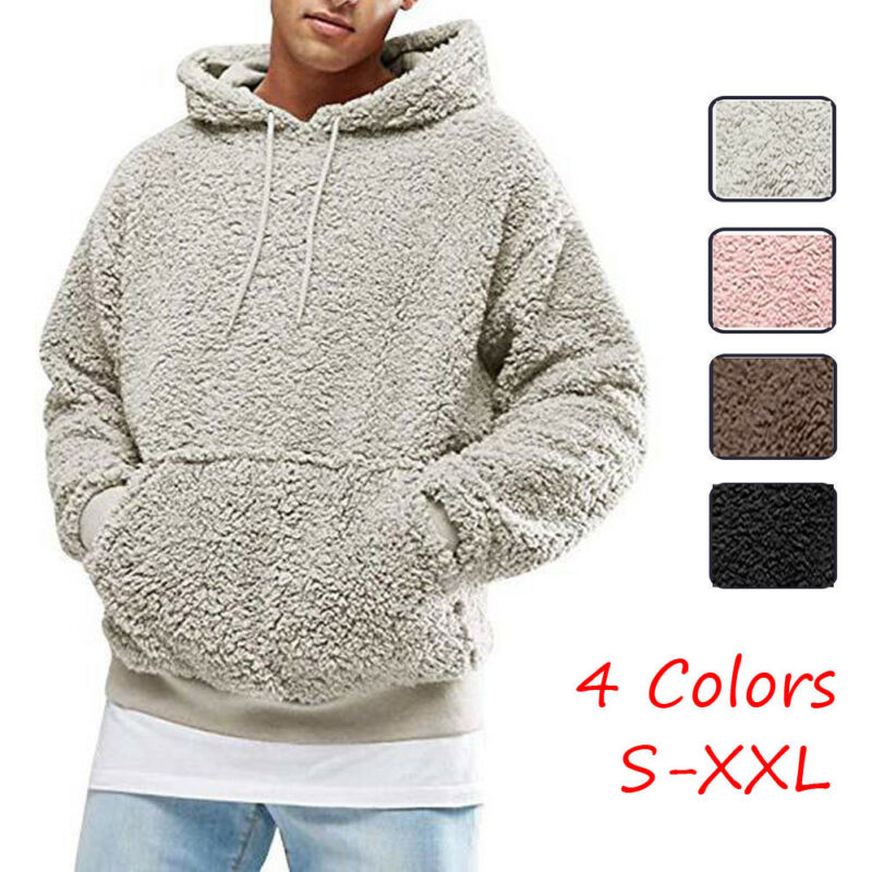 Mens Hoodies Sweatshirt Winter Warm Faux Fur Teddy Bear Long Sleeve Hooded Hoodie Tops Pullover Jumper Sweatshirts Men One Piece