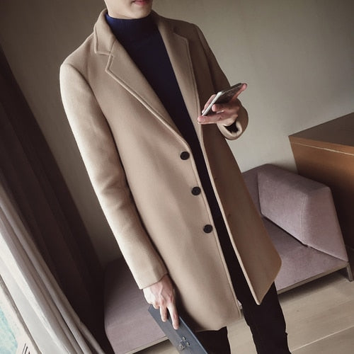 New fashion classic men's windbreaker jacket solid color single-breasted Slim long woolen coat 5XL large size men's jacket