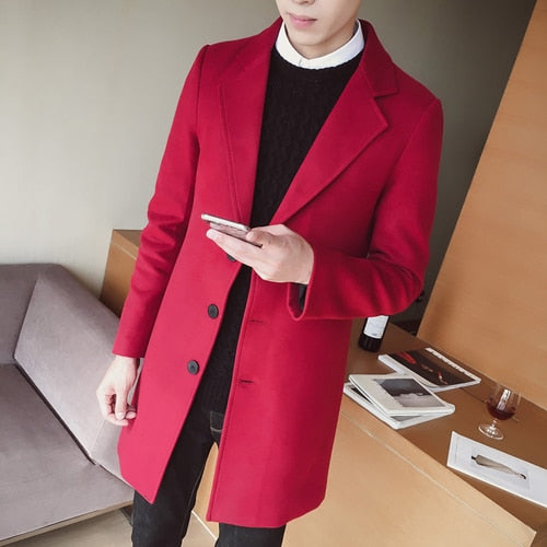 New fashion classic men's windbreaker jacket solid color single-breasted Slim long woolen coat 5XL large size men's jacket