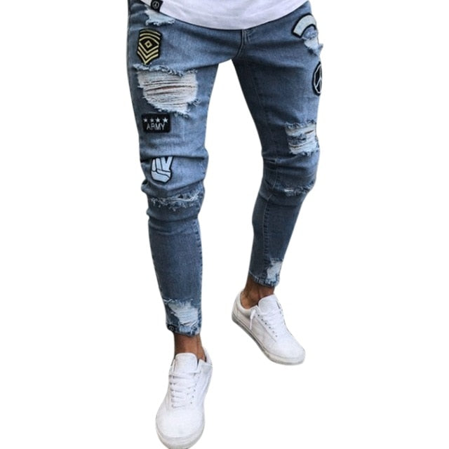 NEW-Fashion Street Wear Men'S Jeans Trend Knee Knee Hole Ripped Jeans Trousers Embroidered Jeans Mens Skinny Elastic Pencil Pa