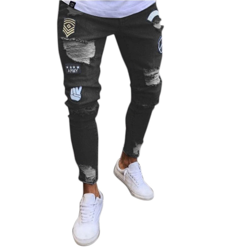 Fashion Street Wear Men'S Jeans Trend Knee Knee Hole Ripped Jeans Trousers Embroidered Jeans Mens Skinny Elastic Pencil Pants Bl