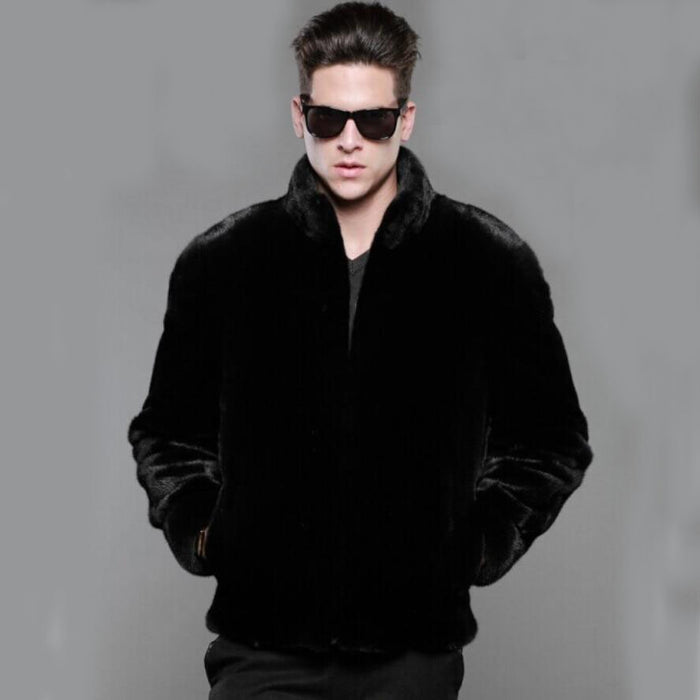 New Autumn Winter Mens Faux Fur Coats Male Casual Black Simple Stand Collar Zipper Jackets Mens Imitation Mink Fur Coats D625