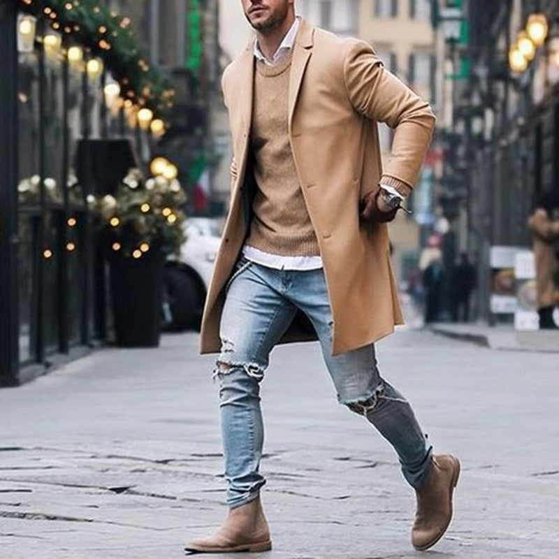 OLOME Fashion Autumn Winter Mens Fleece Blends Jacket Male Overcoat Casual Solid Collar Coats Long Trench Coat Streetwear 2019