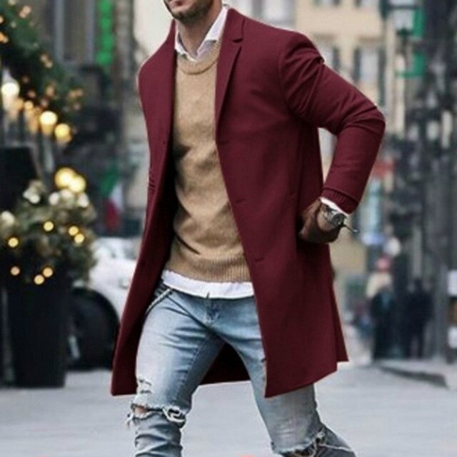 OLOME Fashion Autumn Winter Mens Fleece Blends Jacket Male Overcoat Casual Solid Collar Coats Long Trench Coat Streetwear 2019