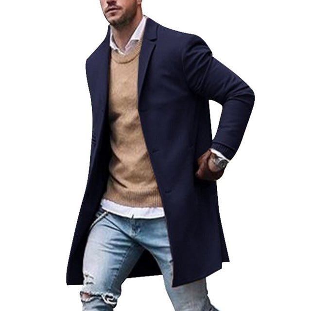 OLOME Fashion Autumn Winter Mens Fleece Blends Jacket Male Overcoat Casual Solid Collar Coats Long Trench Coat Streetwear 2019