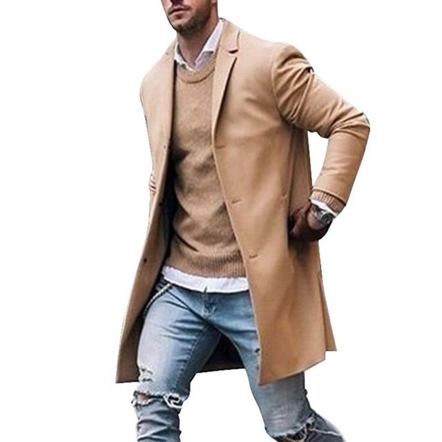 OLOME Fashion Autumn Winter Mens Fleece Blends Jacket Male Overcoat Casual Solid Collar Coats Long Trench Coat Streetwear 2019