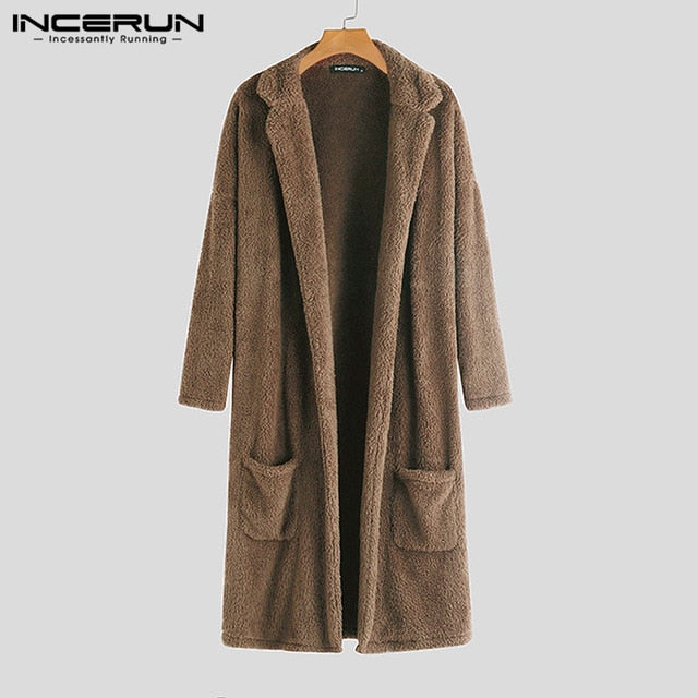INCERUN Winter Fashion Men Trench Outerwear Solid Faux Fleece Long Cardigan Long Sleeve Streetwear Overcoat Fluffy Jackets Coats