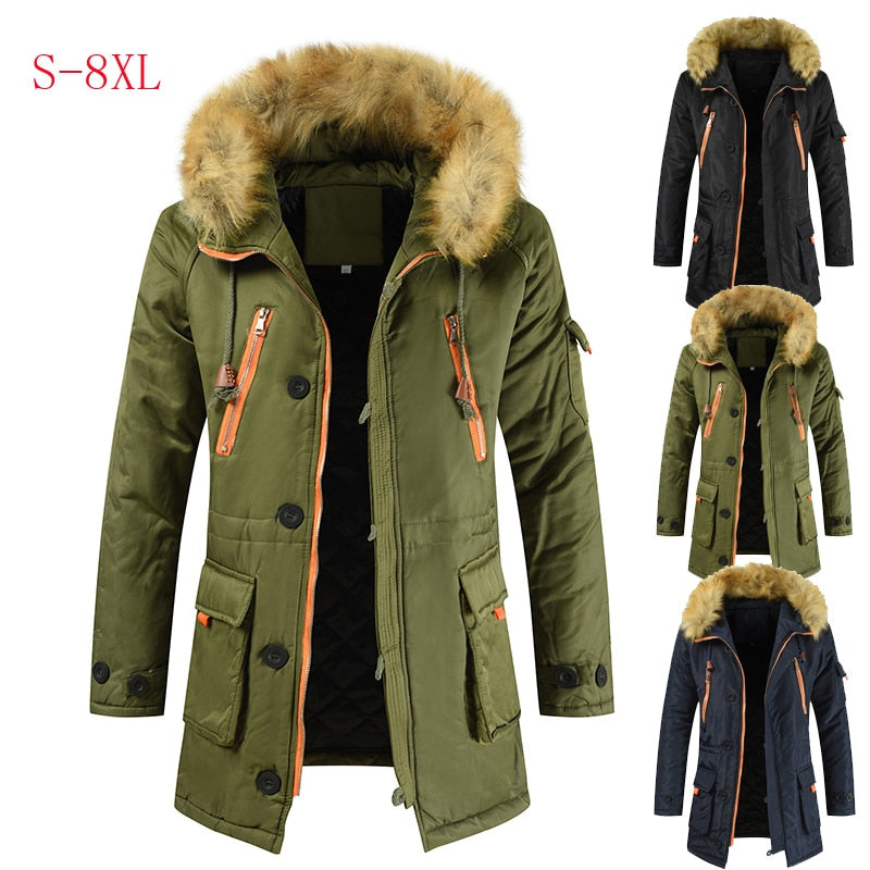 Plus Size S-8XL New Winter Jacket Men Thicken Warm Parkas Casual Long Outwear Hooded Collar Jackets and Coats Mens Veste Homme
