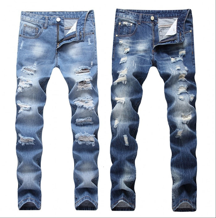 2019 New Fashion Ripped Jeans Men Patchwork Hollow Out Printed Beggar Cropped Pants Man Cowboys Demin Pants Male Dropshipping