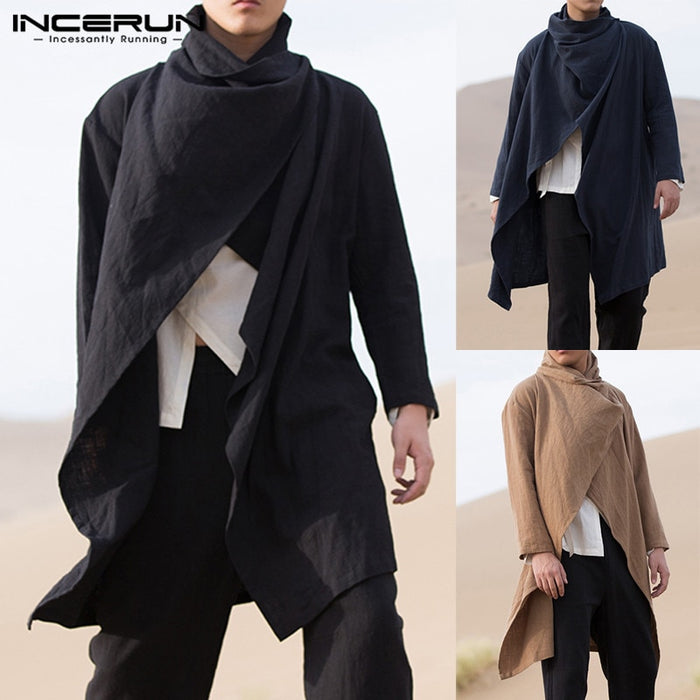 Retro Men Coats Long Sleeve Trench Cotton Scarf Collar Solid Punk Style Jackets Irregular Cloak Men Outerwear Streetwear INCERUN