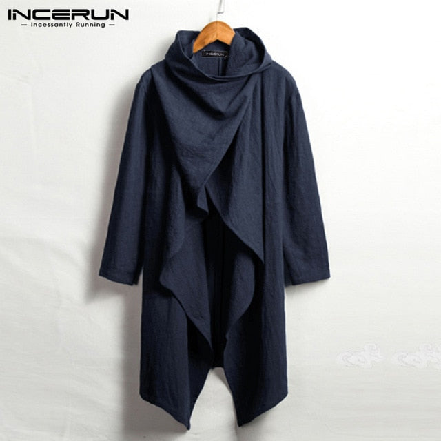 Retro Men Coats Long Sleeve Trench Cotton Scarf Collar Solid Punk Style Jackets Irregular Cloak Men Outerwear Streetwear INCERUN