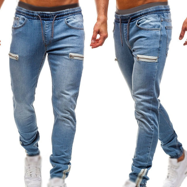 Fashion Men's Jeans Casual Jeans Zipper Sweatpants Wear-resistant Slim Fit Men Pants