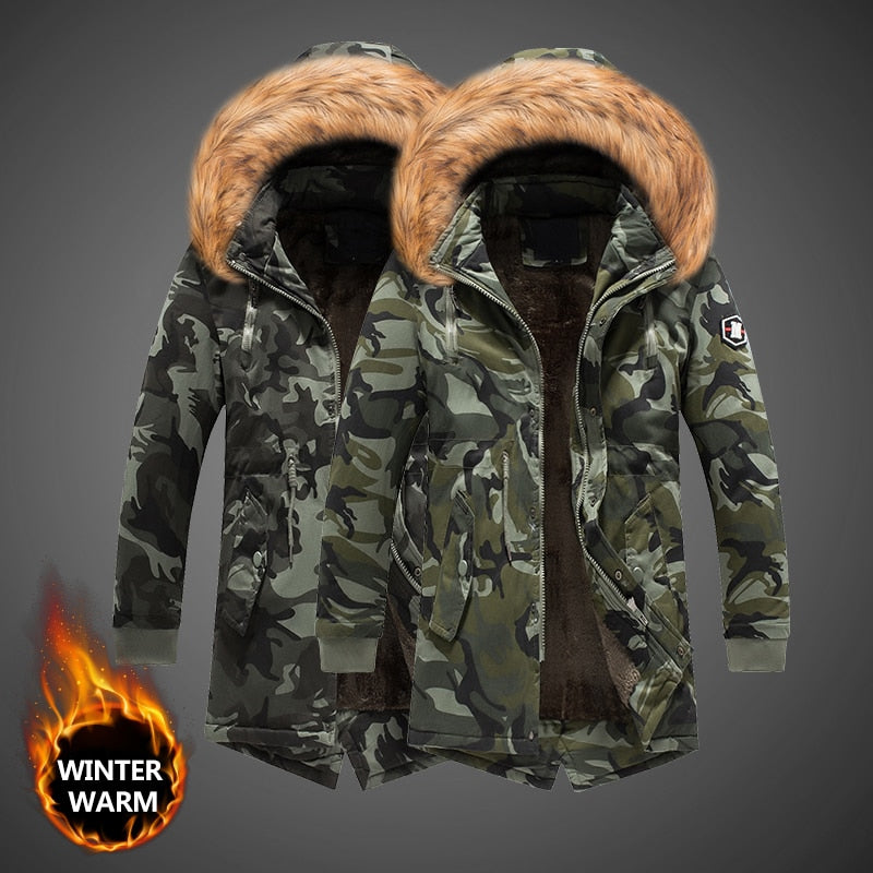 Fashion Winter Jacket Men Camouflage Military Velvet Thick Parka Men Fur Collar Long Trench Coat Outwear Windbreaker Warm Jacket