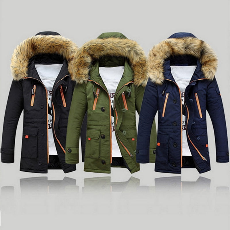 MJARTORIA Men Brand Winter Faux Fur Collar Long Thick Cotton Parkas Jacket Coat Men Hooded Pockets Outwear Waterproof  Parka Men