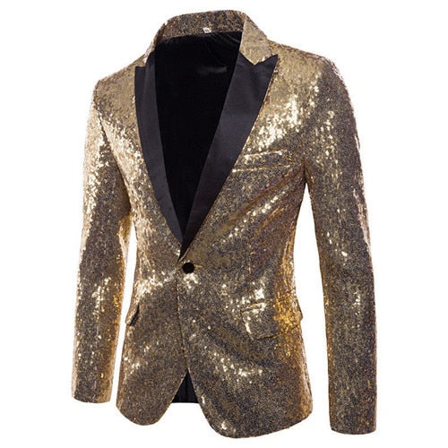 Fashion Golden Silvery Sequin Blazer Men Jacket Long Sleeve One Button Blazers Evening Party Suit Stage Jackets Tuxedo