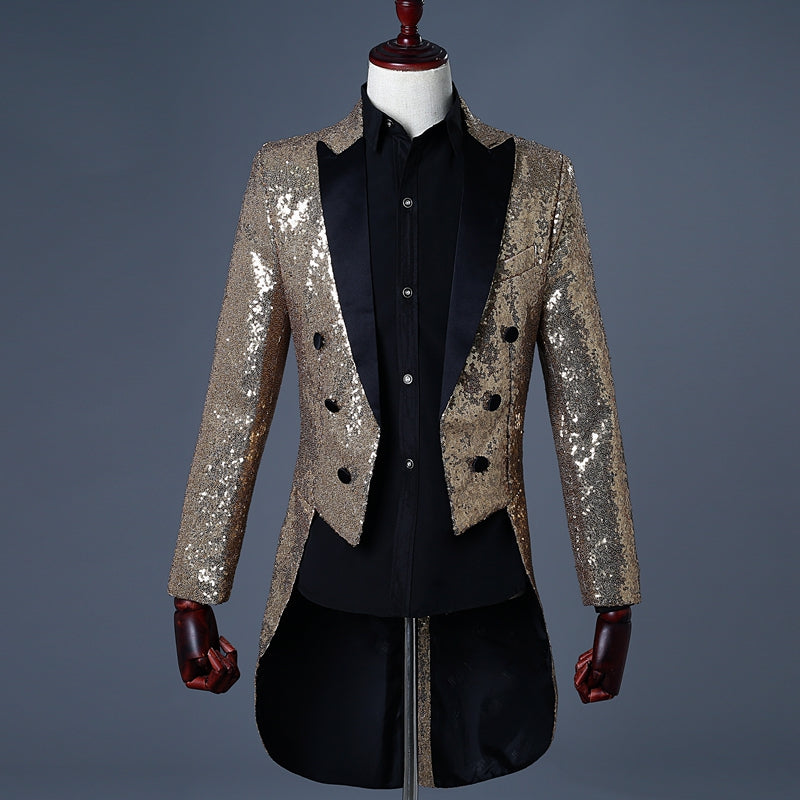 MJARTORIA 2019 Men Gold Silver Red Blue Black Sequin Slim Fit Tailcoat Stage Singer Prom Dress Costume Wedding Groom Suit Jacket