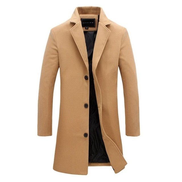 2019 Fashion Men's Wool Coat Winter Warm Solid Color Long Trench Jacket Male Single Breasted Business Casual Overcoat Parka