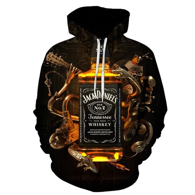 black long sleeves hoodies men 2019 3d printing Jack daniels wine bottle Graphic design funny crewneck hoodie sweetshirt homme