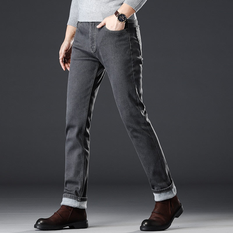 Odinokov Fleece Thick Velvet Pants Warm Jeans Casual Grey  Fleece  Winter Jeans Men Elasticity Grey Jean Jeans With Zipper Men