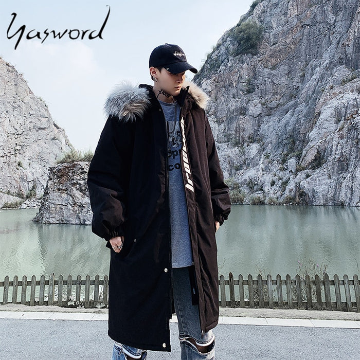Yasword Men Parka Thick Coat Winter Trench Coats Long Style Jackets Warm Windproof Hooded Male Outwear Cotton Padded Overcoats