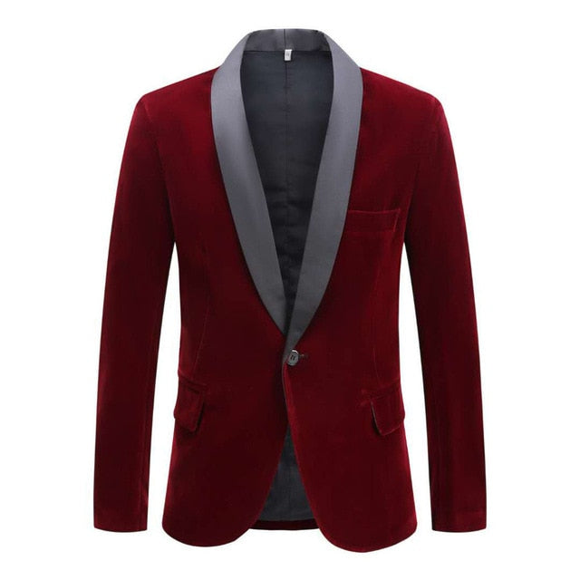 PYJTRL Men's Autumn Winter Velvet Wine Red Fashion Leisure Suit Jacket Wedding Groom Singer Slim Fit Blazer Hombre Masculino