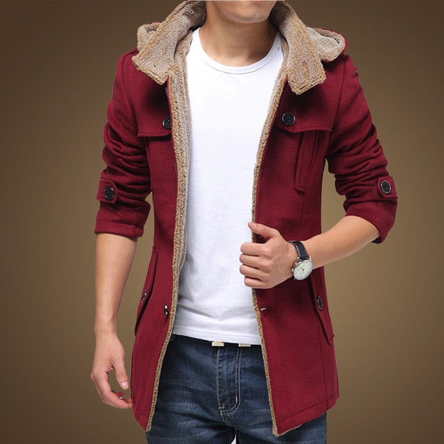 WOQN Trench Coats Men 2017 Winter Fashion Men Thick Jackets Fleece Slim Fit Hooded Trench Coat Long Casual Jackets Men Plus Size